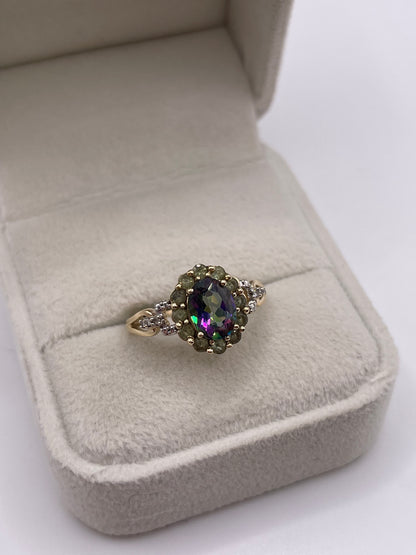 9ct gold mystic topaz, quartz and diamond ring