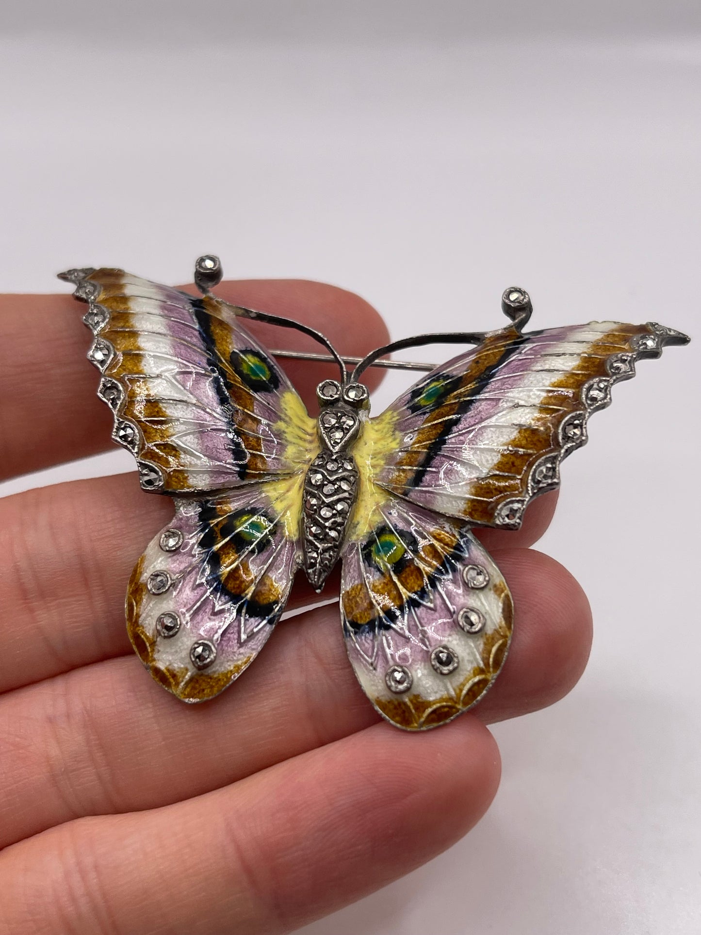 Silver enamel and marcasite butterfly brooch