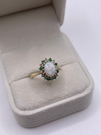 9ct gold opal, emerald and diamond ring