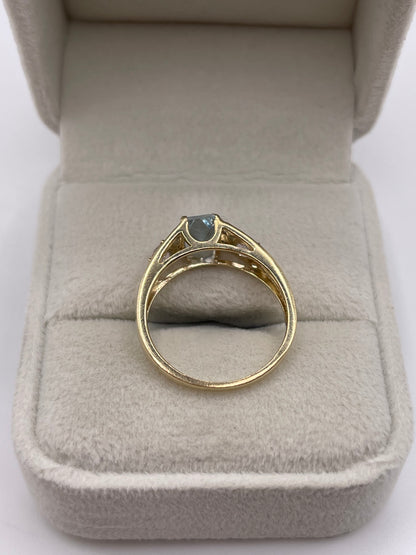 9ct gold aquamarine, kunzite and diamond ring