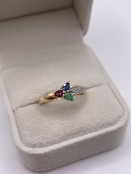 9ct gold ruby, sapphire, emerald and diamond ring