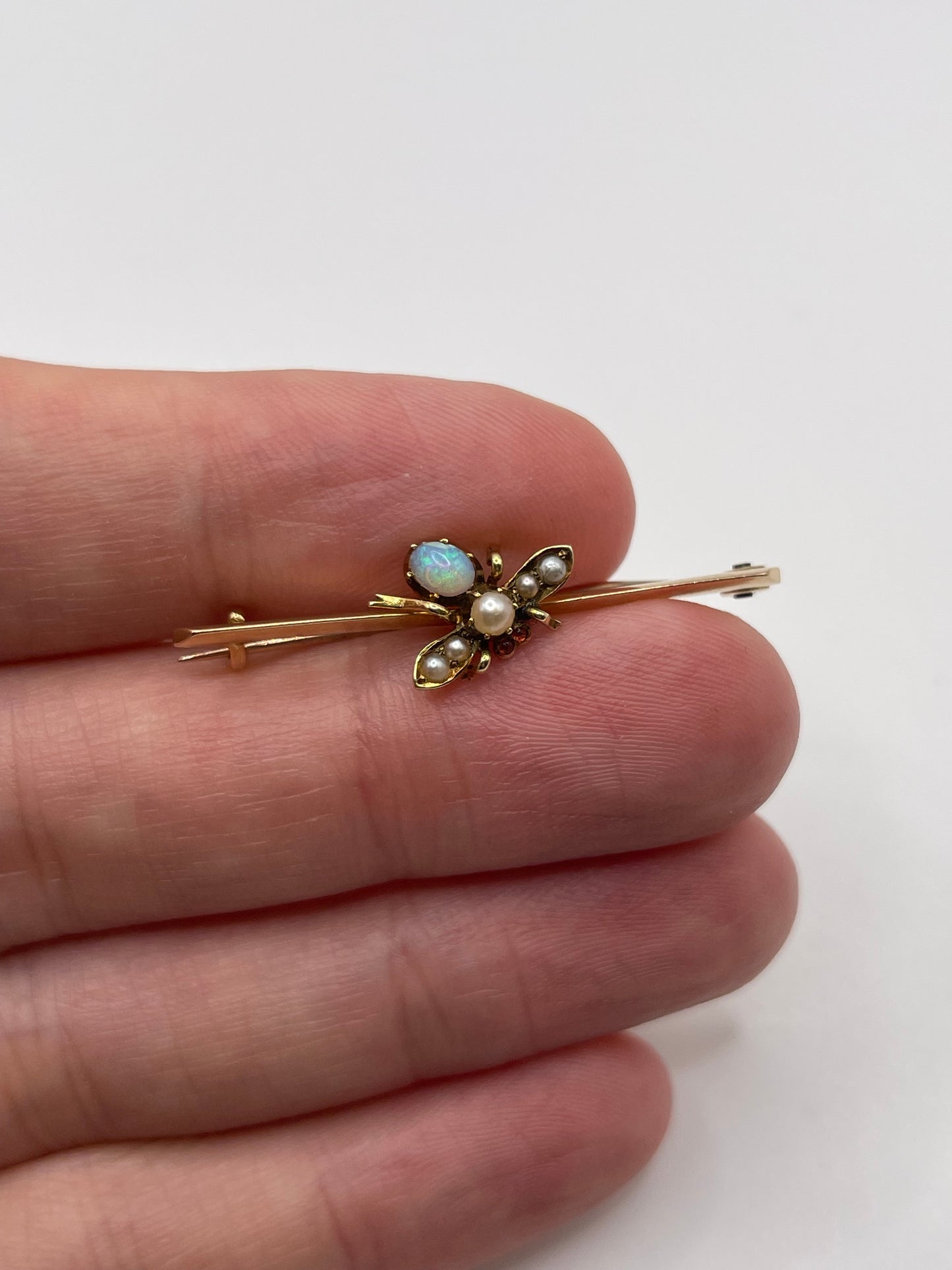 Antique 15ct gold opal, ruby and pearl insect brooch