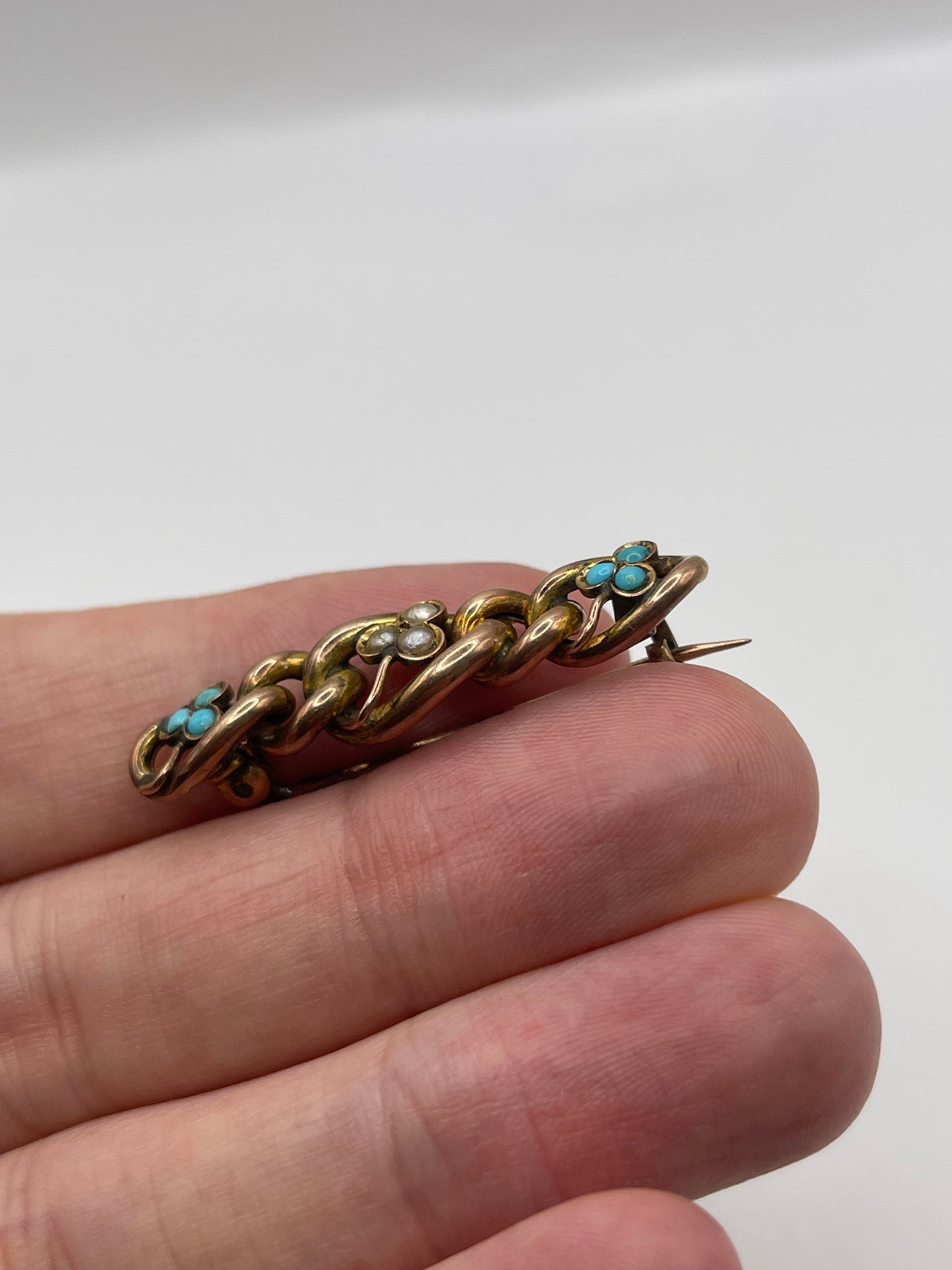 Antique 9ct rose gold turquoise and pearl brooch
