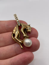 Load image into Gallery viewer, Heavy 9ct gold pearl and cz panther pendant
