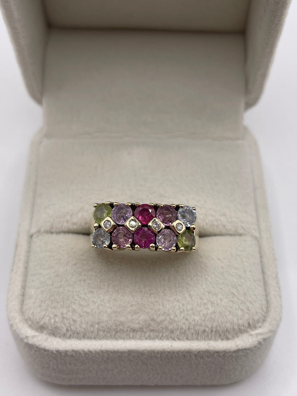 9ct gold multi coloured sapphire and diamond ring