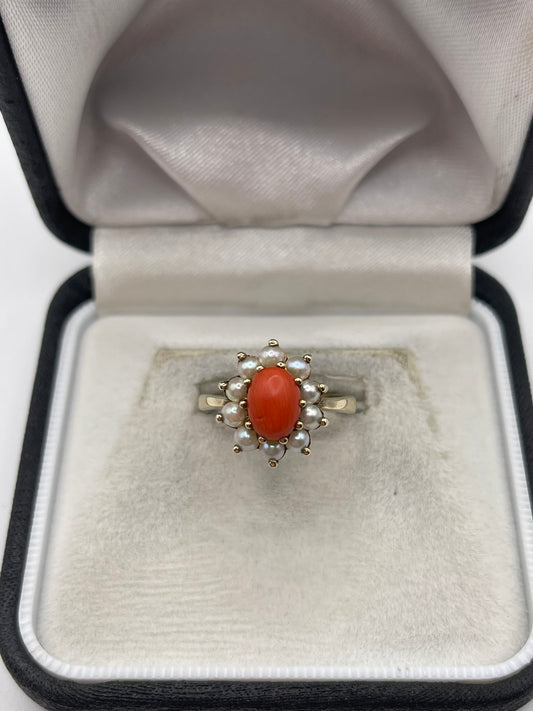 9ct gold coral and pearl ring