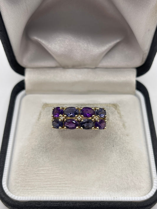 9ct gold amethyst, iolite and diamond ring