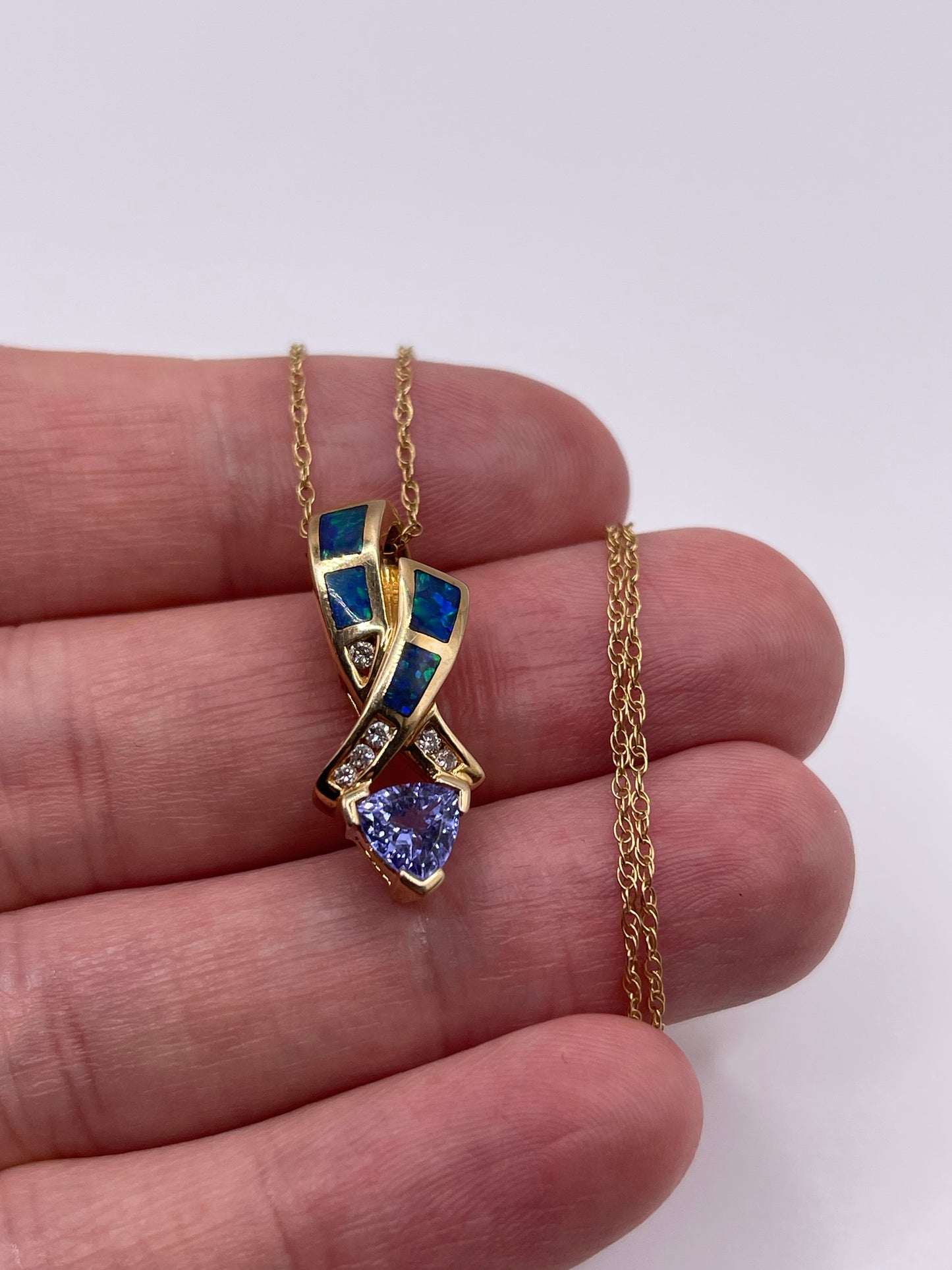 14ct gold tanzanite, opal and diamond necklace