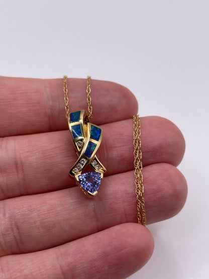 14ct gold tanzanite, opal and diamond necklace