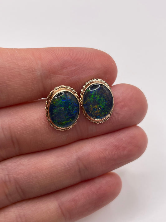 9ct gold black opal triplet earrings