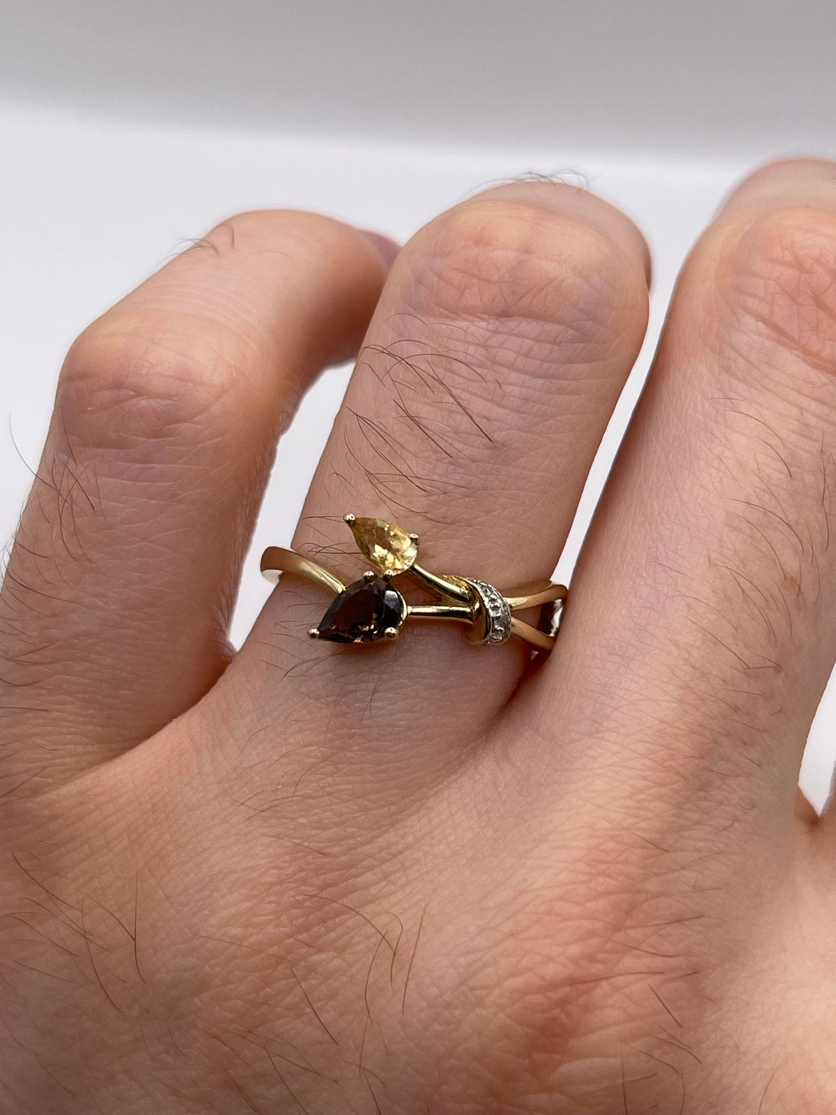 9ct gold Smokey quartz, citrine and diamond ring