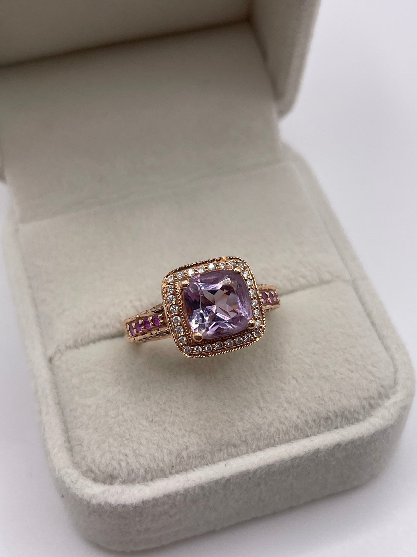 LeVian 14ct rose gold amethyst, ruby and diamond ring