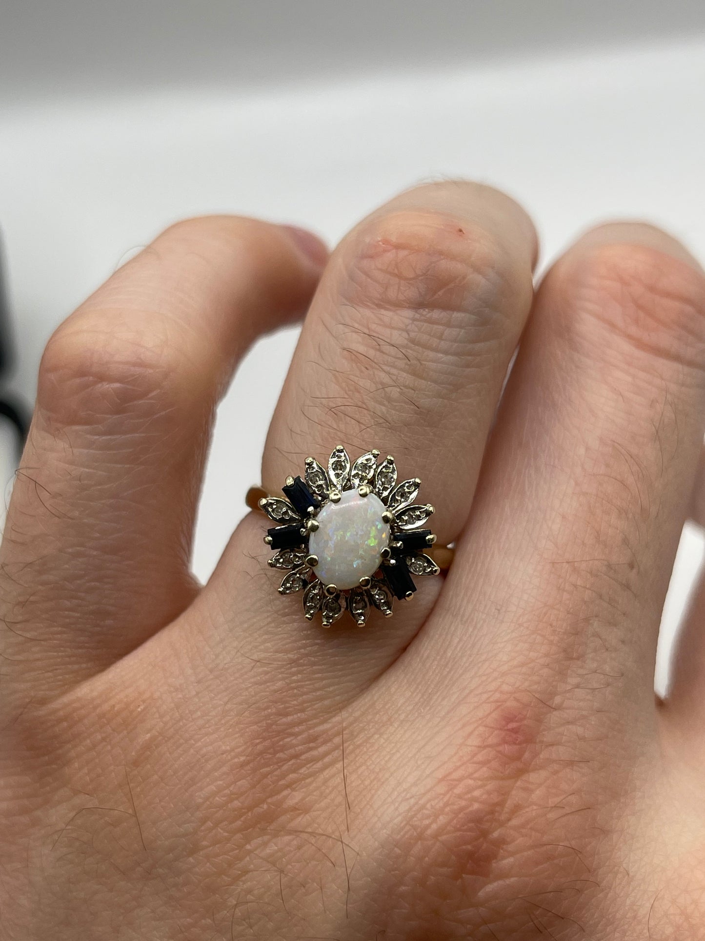 9ct gold opal, sapphire and diamond ring