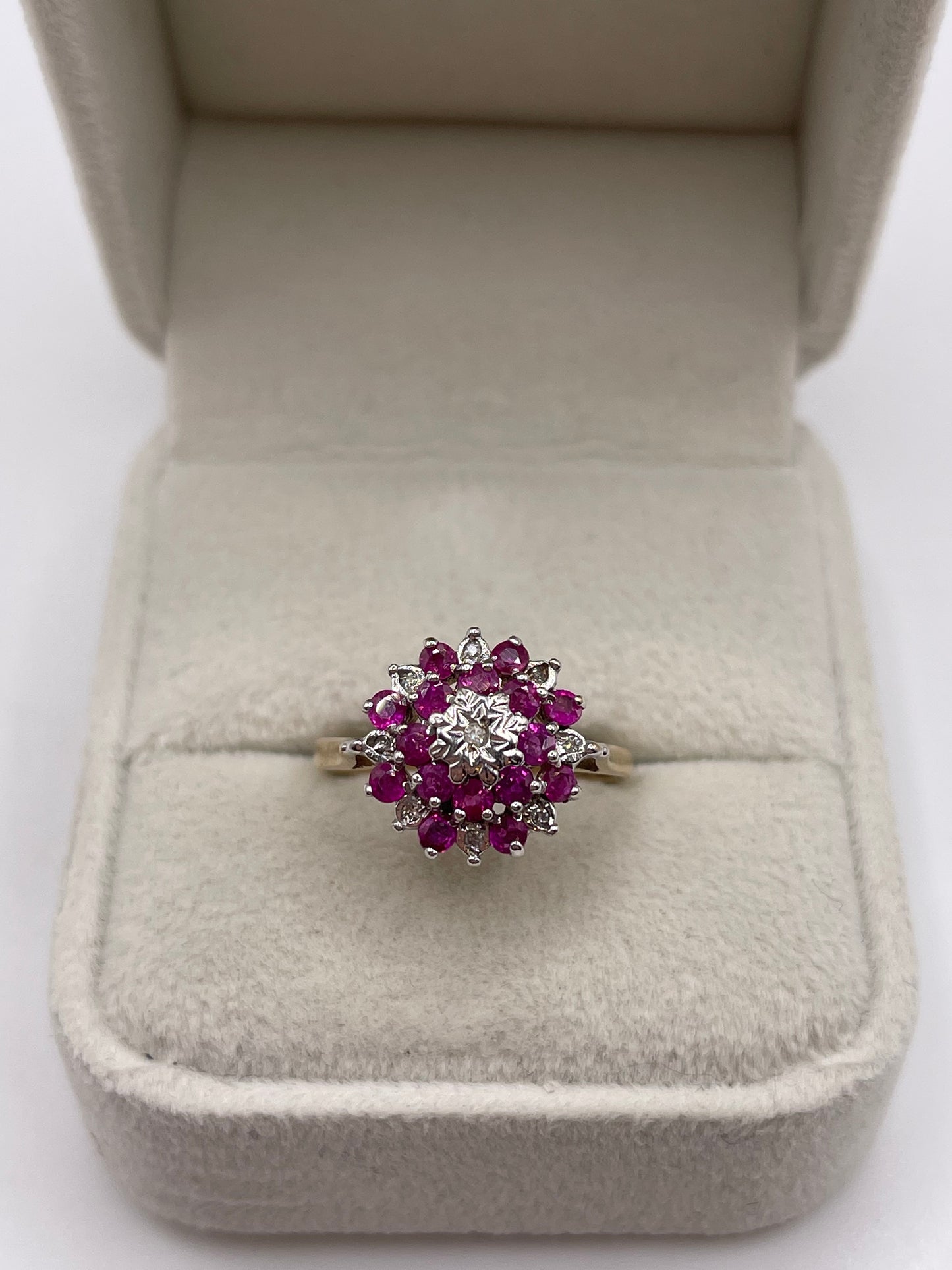 9ct gold ruby and diamond cluster ring