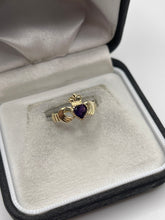 Load image into Gallery viewer, 9ct gold amethyst claddagh ring
