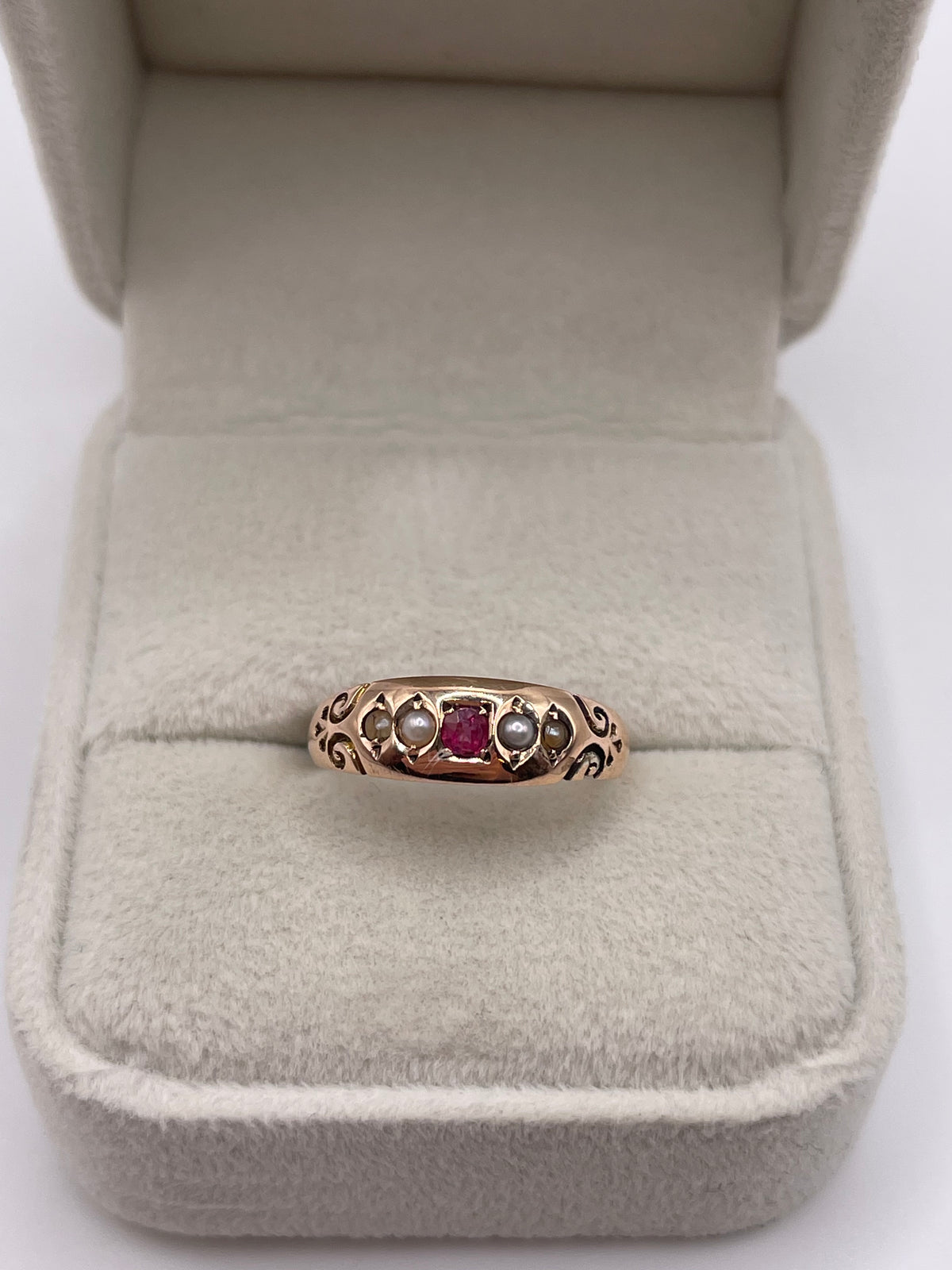 Antique 9ct rose gold ruby and pearl ring