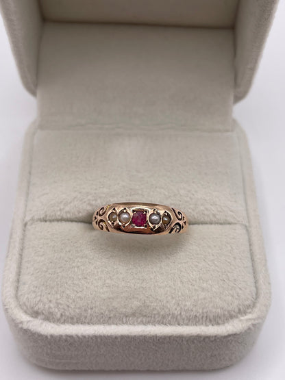 Antique 9ct rose gold ruby and pearl ring