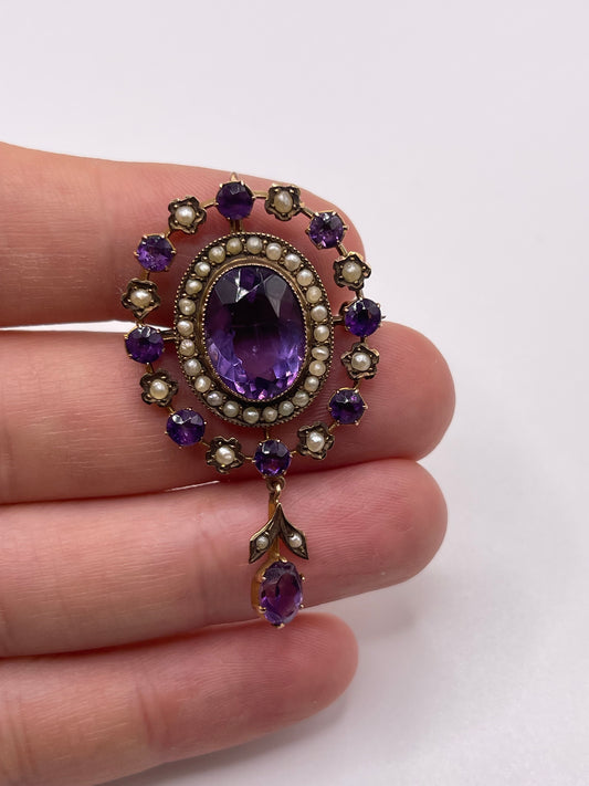 Antique 9ct gold amethyst and pearl pendant