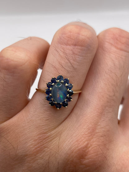 9ct gold black opal triplet and sapphire ring