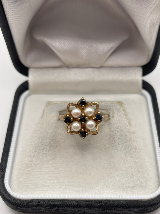 Heavy 9ct gold pearl and sapphire ring