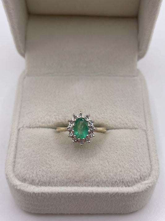 9ct gold emerald and diamond ring