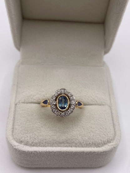 14ct gold sapphire, enamel and diamond ring