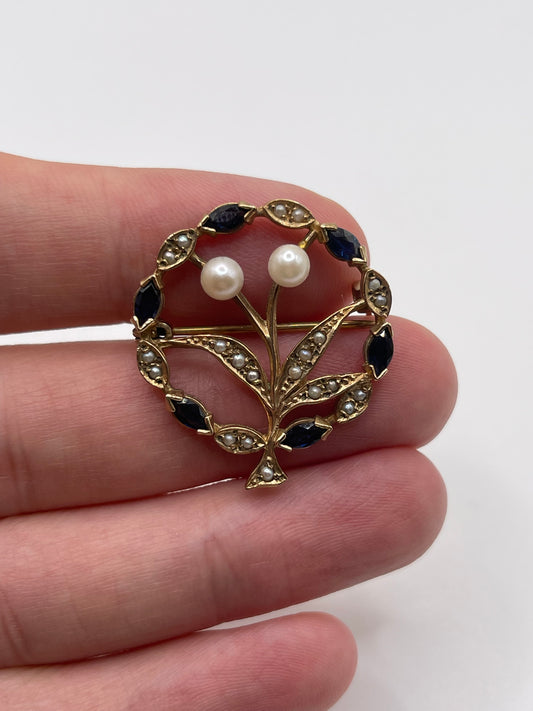 9ct gold sapphire and pearl brooch