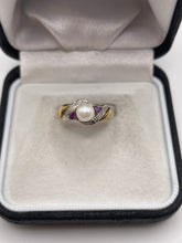 Load image into Gallery viewer, 9ct gold pearl, amethyst and diamond ring
