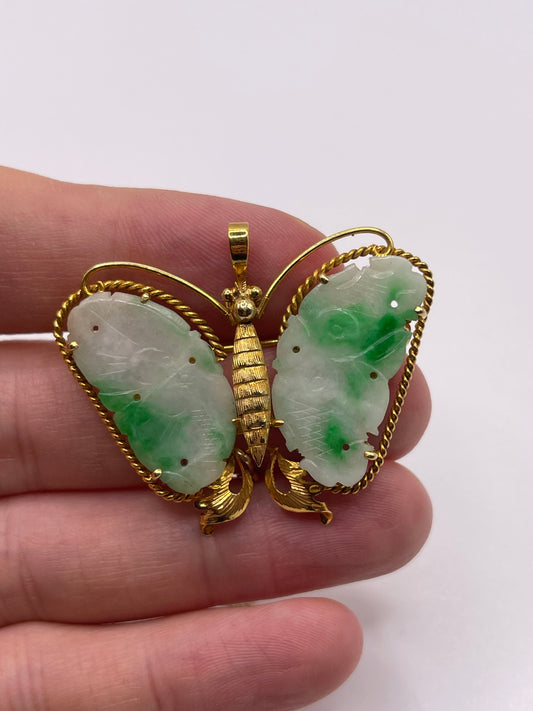 14ct gold jade butterfly pendant / brooch