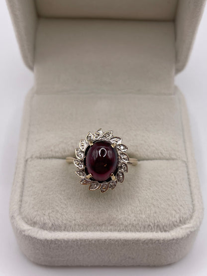 9ct gold cabochon garnet and diamond ring