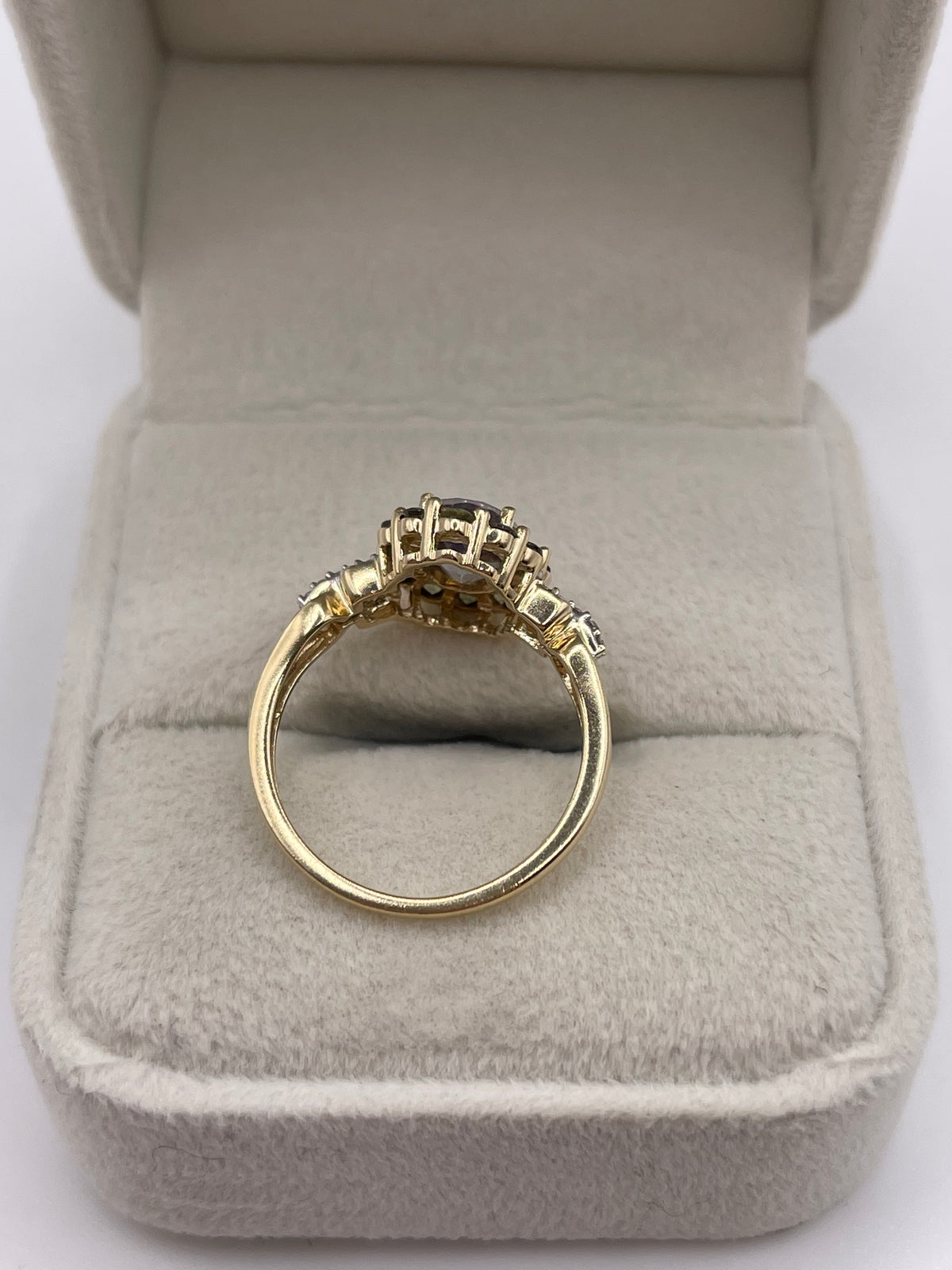 9ct gold mystic topaz, quartz and diamond ring