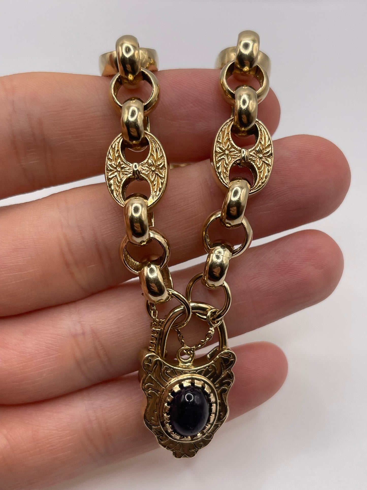 9ct gold cabochon amethyst padlock bracelet