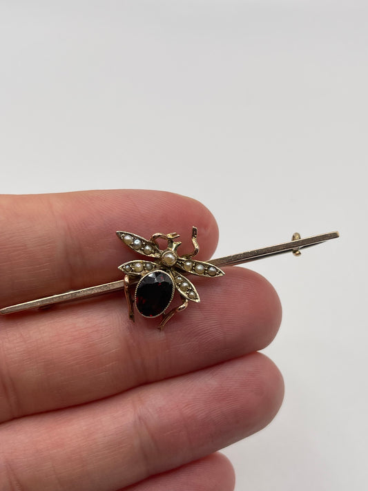 Antique 9ct rose gold garnet and pearl insect brooch