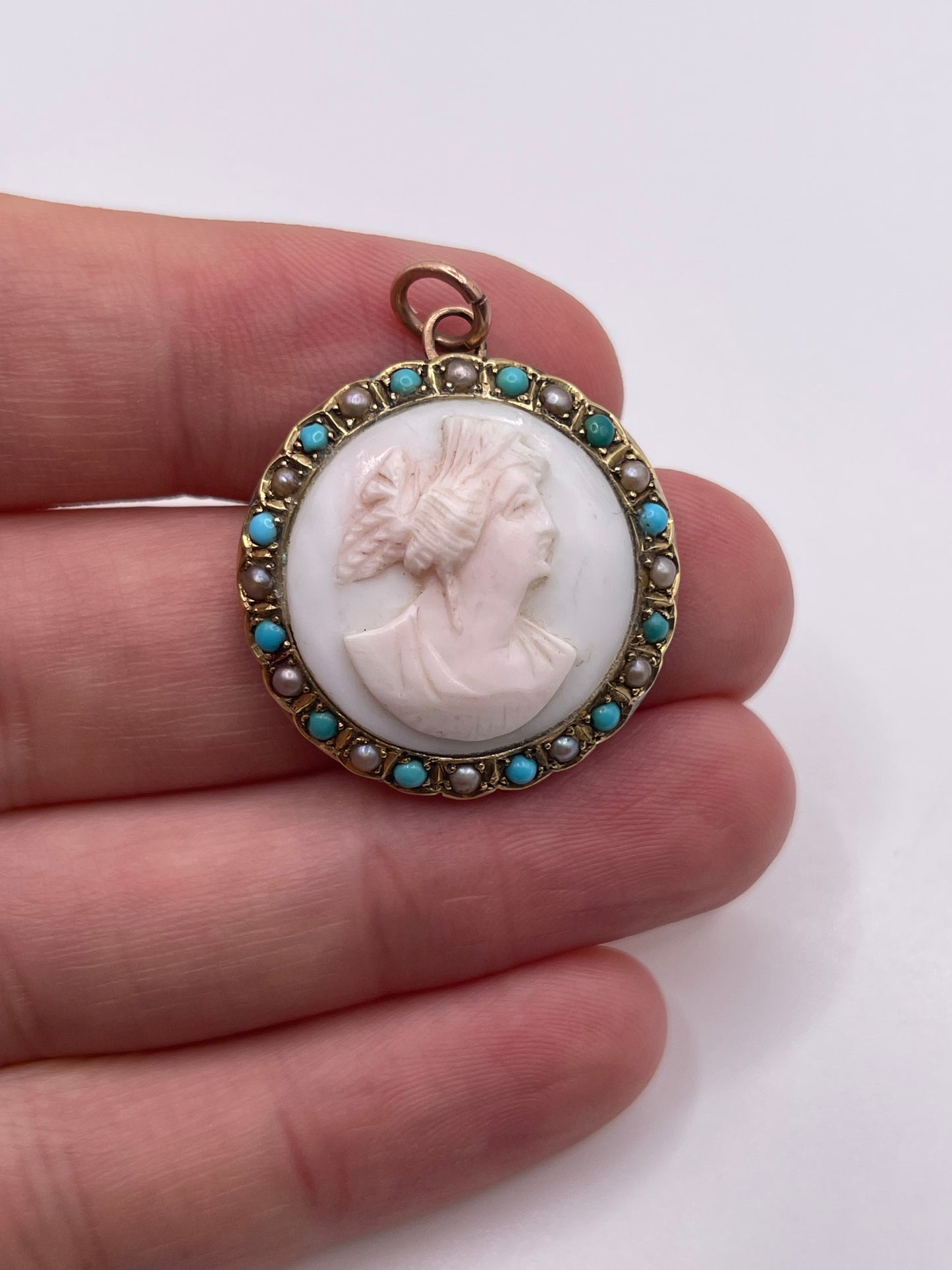 Antique 9ct gold coral cameo, turquoise and pearl pendant