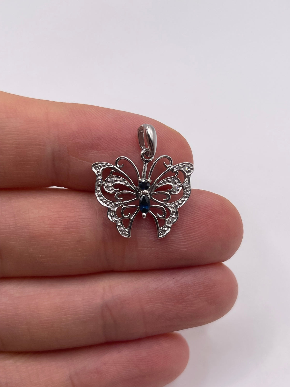 9ct white gold sapphire and diamond butterfly pendant