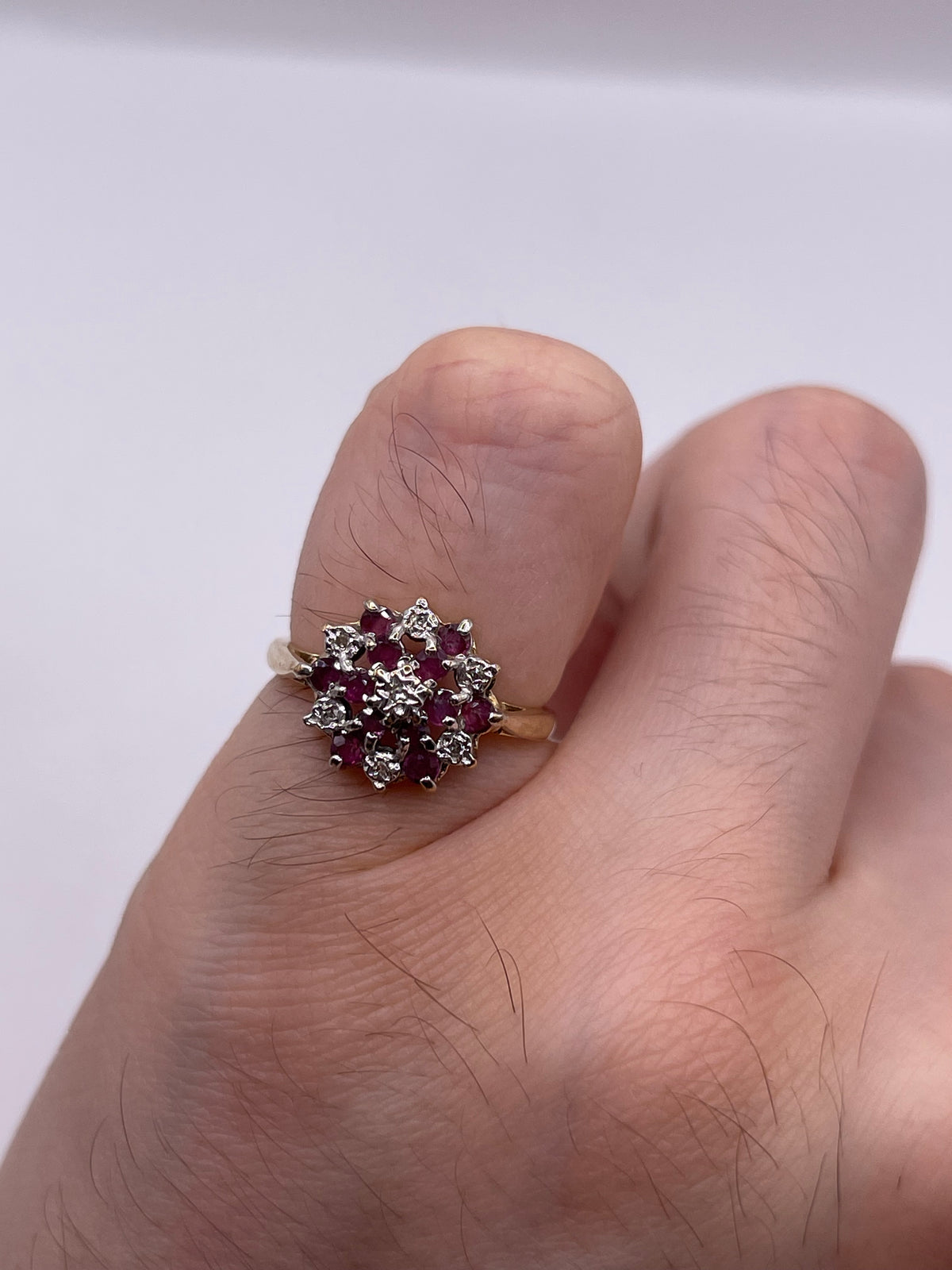 9ct gold ruby and diamond cluster ring