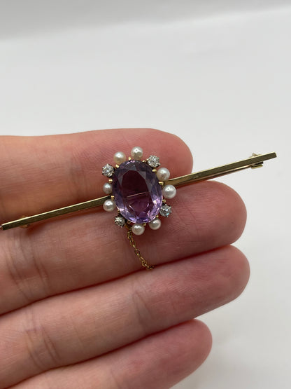 Antique 9ct gold amethyst, pearl and diamond brooch
