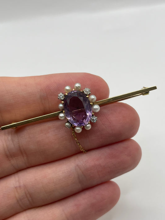 Antique 9ct gold amethyst, pearl and diamond brooch