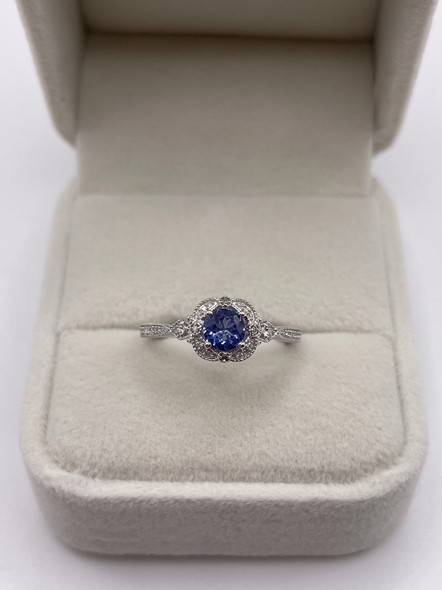 9ct white gold tanzanite and diamond ring