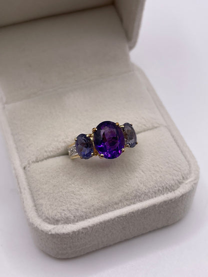 9ct gold amethyst, iolite and diamond ring
