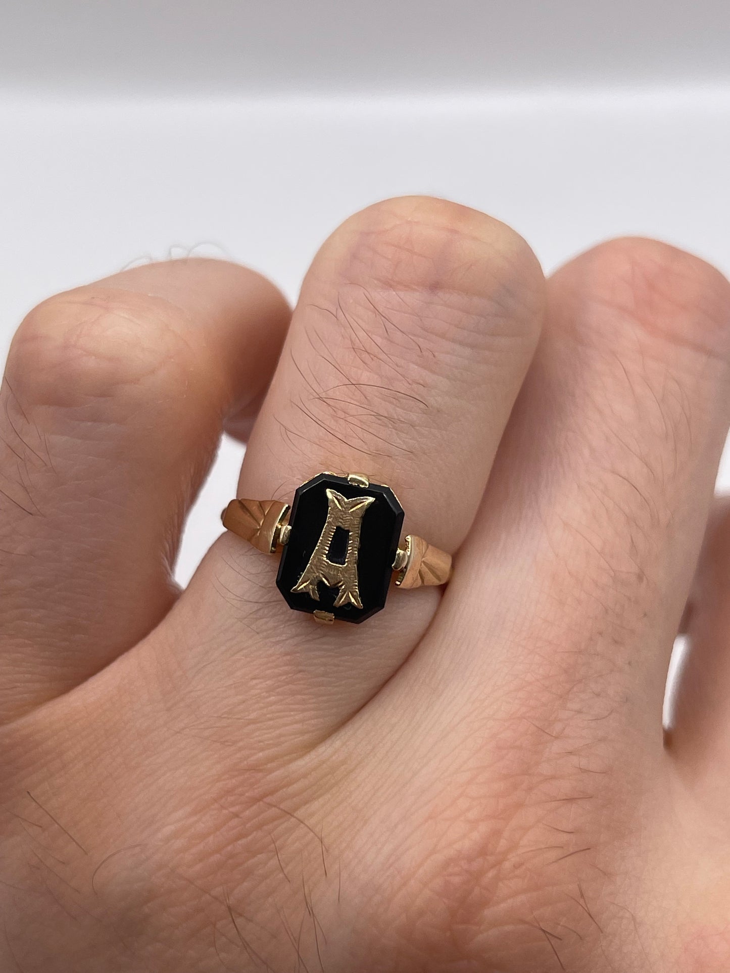 9ct gold onyx initial A ring