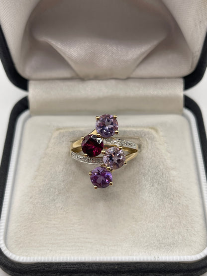 9ct gold garnet, amethyst and diamond ring
