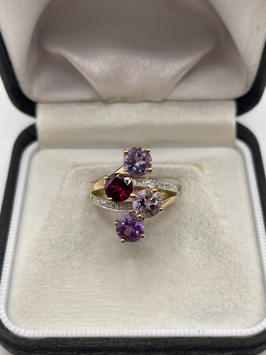 9ct gold garnet, amethyst and diamond ring