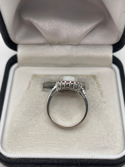 9ct white gold opal, pink sapphire and diamond ring