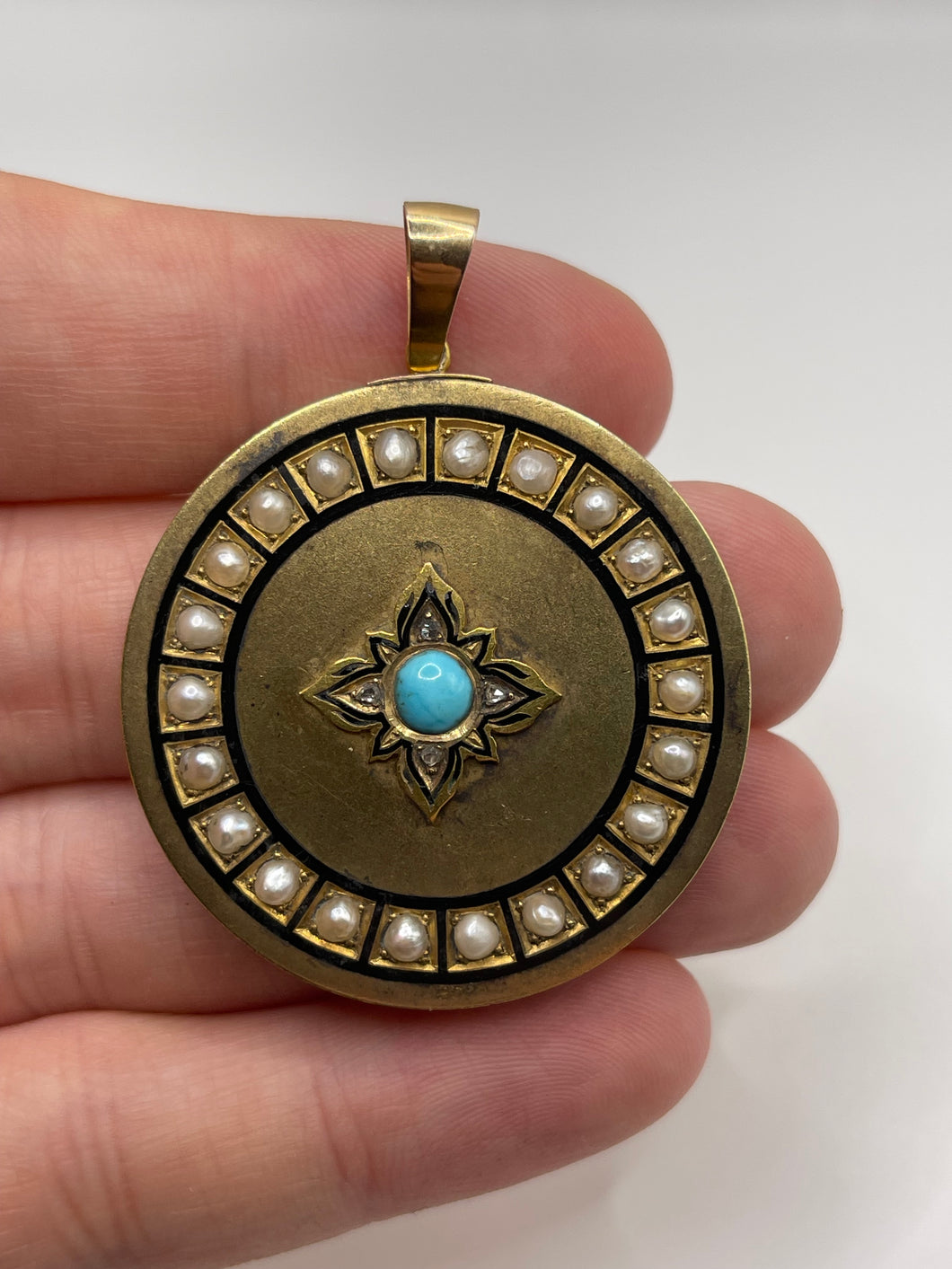 Antique 15ct gold turquoise and pearl mourning pendant