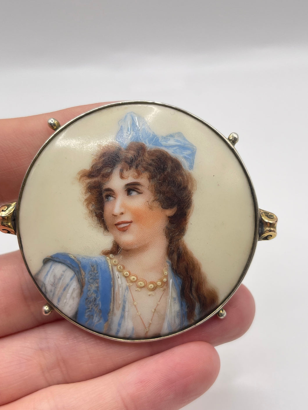 Antique silver painted porcelain brooch