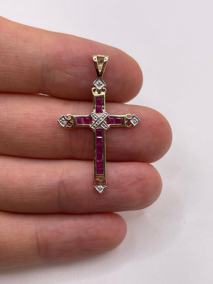 9ct gold ruby and diamond cross pendant