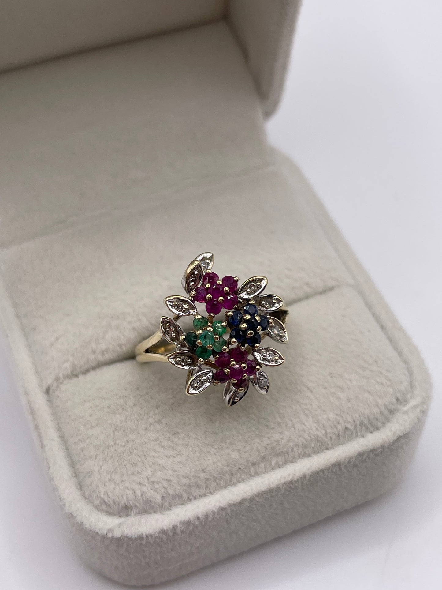 9ct gold ruby, emerald, sapphire and diamond ring