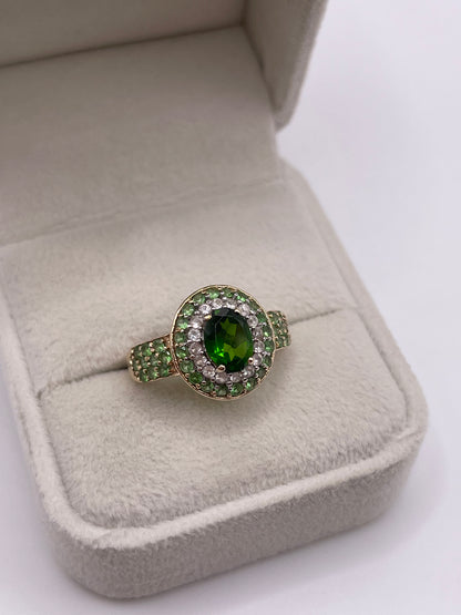 9ct gold diopside, tsavorite garnet and zircon ring