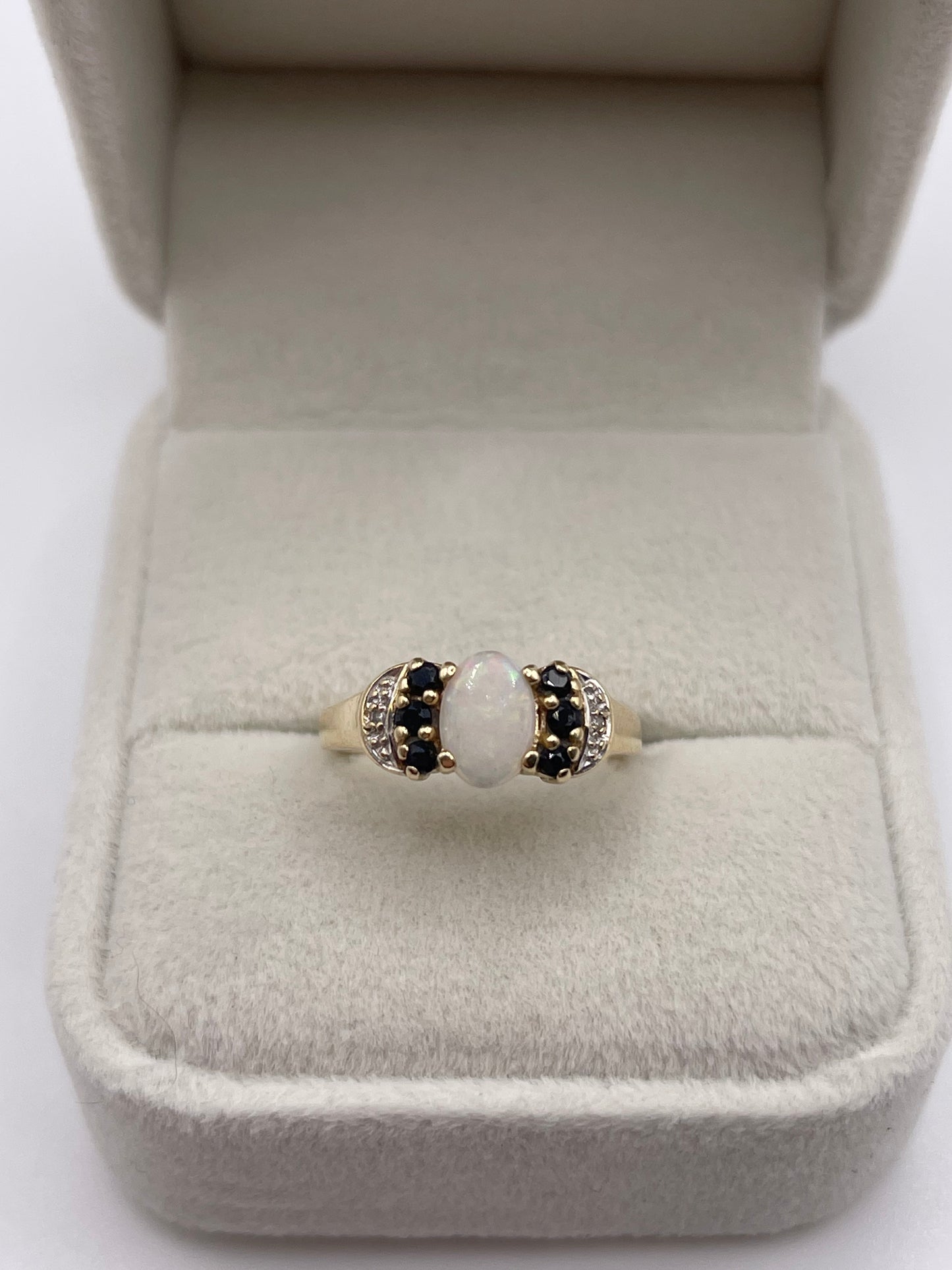 9ct gold opal, sapphire and diamond ring